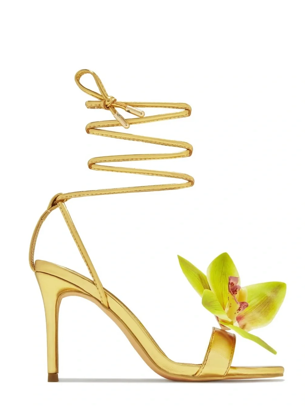 Miss Lola Gold with Green Floral Embellished High Heel Sandals